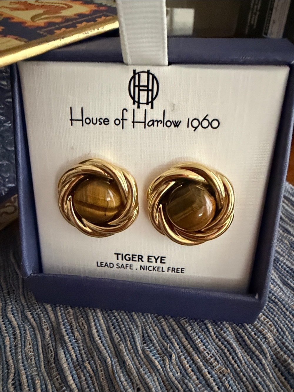 House of Harlow 1960 Gold-Tone Earrings with Tiger Eye Centers